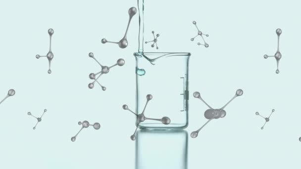 Animation Molecules Spinning Blue Liquid Pouring Laboratory Beaker Science Research — Stock Video