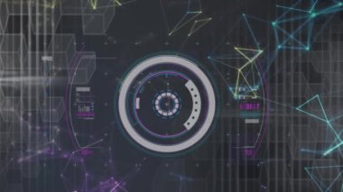 Geometrik şekilli siyah uzayda işlem çemberinin animasyonu. veri işleme ve dijital arayüz kavramı dijital olarak oluşturulmuş video.