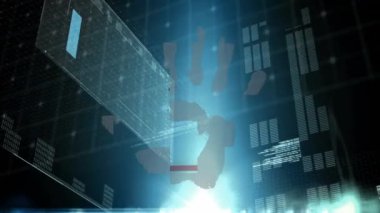 Ekran ve veri işleme üzerinde el ve biyonik güvenlik sisteminin animasyonu. küresel internet güvenliği, veri işleme, bağlantılar ve dijital arayüz konsepti dijital olarak oluşturulmuş video.