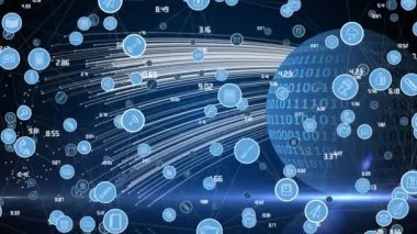 Mavi uzayda ikili kodlu çeşitli teknoloji simgelerinin animasyonu. küresel bağlantılar, internet, veri işleme ve dijital arayüz konsepti dijital olarak oluşturulmuş video.