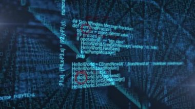 Animation of data processing over dna chains, and rotating brain in blue and black space.  global internet security, data processing, connections and digital interface concept digitally generated vid