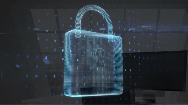 Animación Candado Digital Números Sobre Computadoras Oficina Seguridad Digital Datos — Vídeos de Stock