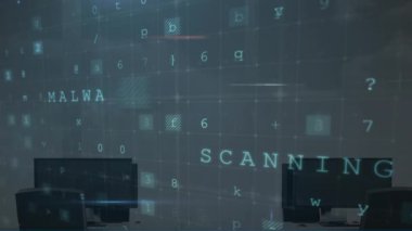 Dijital asma kilidin animasyonu, ofisteki bilgisayarlar üzerinde tarama ve uyarı. dijital güvenlik, veri ve iş güvenliği ve teknoloji konsepti dijital olarak oluşturulmuş video.