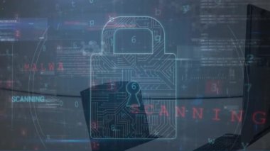 Dijital asma kilidin animasyonu, ofisteki bilgisayarlar üzerinde tarama ve uyarı. dijital güvenlik, veri ve iş güvenliği ve teknoloji konsepti dijital olarak oluşturulmuş video.