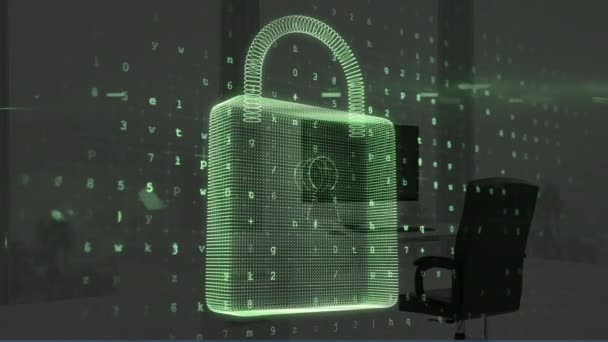 在办公室的计算机上动画数字锁和数字 数码保安 数据及商业安全及科技概念数码影片 — 图库视频影像