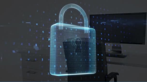 Animación Candado Digital Números Sobre Computadoras Oficina Seguridad Digital Datos — Vídeo de stock