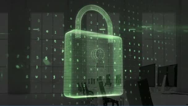 Animación Candado Digital Números Sobre Computadoras Oficina Seguridad Digital Datos — Vídeo de stock