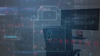 Bütünleşik devre ve uyarıyla dijital asma kilidin animasyonu, ofisteki bilgisayarları tarıyor. dijital güvenlik, veri ve iş güvenliği ve teknoloji konsepti dijital olarak oluşturulmuş video.
