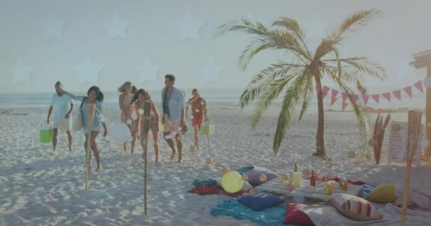 Animation Von Stars Über Diverse Freunde Die Ein Picknick Strand — Stockvideo