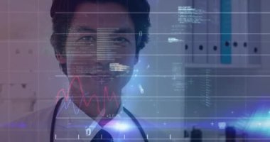 Mutlu Asyalı doktor yerine finansal verilerin animasyonu. finans, ekonomi, tıp, sağlık ve teknoloji konsepti dijital olarak oluşturulmuş video.