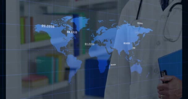 Animation Financial Data World Map Happy Senior Caucasian Male Doctor — Vídeo de stock