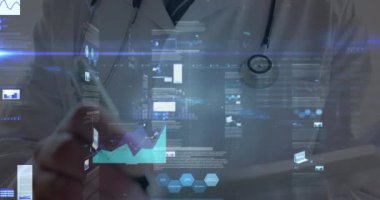 Kafkas erkek doktor yazıları yerine finansal verilerin animasyonu. finans, ekonomi, tıp, sağlık ve teknoloji konsepti dijital olarak oluşturulmuş video.