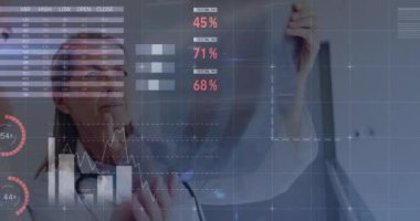 Beyaz kadın ve erkek doktorların finansal verilerinin animasyonu. finans, ekonomi, tıp, sağlık ve teknoloji konsepti dijital olarak oluşturulmuş video.