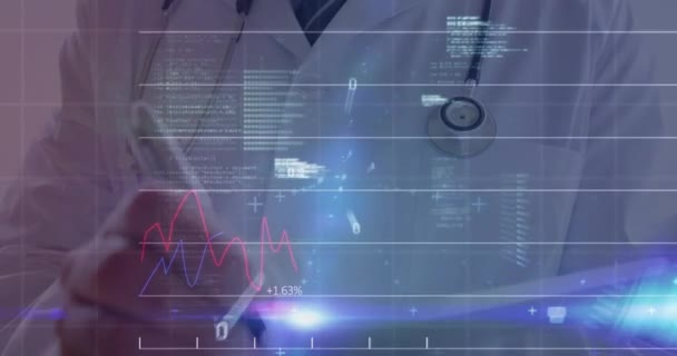 Animación Datos Financieros Manos Del Médico Caucásico Finanzas Economía Medicina — Vídeo de stock
