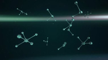 Siyah arkaplanda yeşil ışık izine karşı yüzen moleküler yapının dijital animasyonu. tıbbi araştırma ve teknoloji konsepti