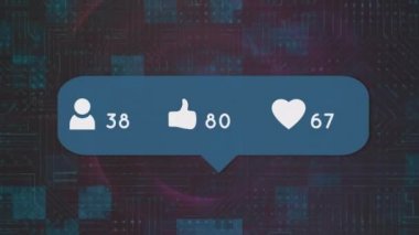 Siyah arkaplanda medya simgeleri ve veri işleme animasyonları. Sosyal medya ve iletişim arayüzü kavramı dijital olarak oluşturulmuş video.