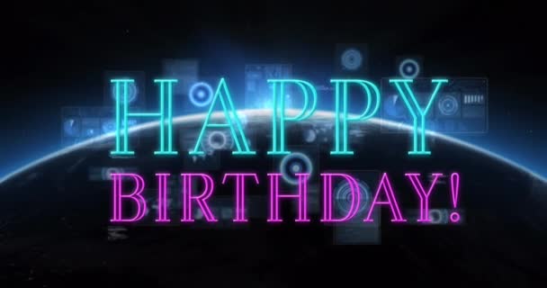 Animation Happy Birthday Text Data Processing Globe Black Background Social — Stock Video