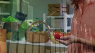 Dükkanda akıllı telefon kullanan gülümseyen beyaz kadının veri işleme animasyonu. küresel iş, finans, bağlantılar ve dijital arayüz konsepti dijital olarak oluşturulmuş video.