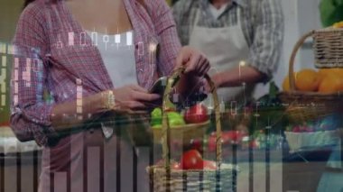 Animation of data processing over smiling caucasian woman using smartphone in shop. global business, finances, connections and digital interface concept digitally generated video.