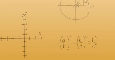 Turuncu arkaplandaki matematiksel denklemlerin animasyonu. küresel bilim ve dijital arayüz kavramı dijital olarak oluşturulmuş video.