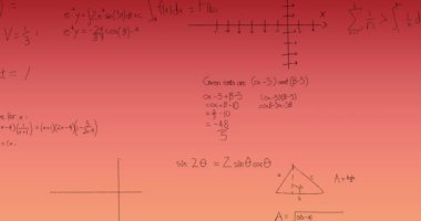 Pembe arka plandaki matematiksel denklemlerin animasyonu. küresel bilim ve dijital arayüz kavramı dijital olarak oluşturulmuş video.
