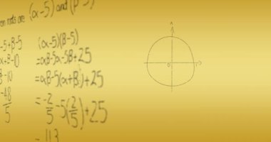 Turuncu arkaplandaki matematiksel denklemlerin animasyonu. küresel bilim ve dijital arayüz kavramı dijital olarak oluşturulmuş video.