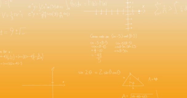 Animación Ecuaciones Matemáticas Sobre Fondo Naranja Concepto Global Ciencia Interfaz — Vídeo de stock