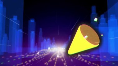 Dijital şehrin üzerinde konfeti animasyonu. Sosyal medya ve iletişim arayüzü kavramı dijital olarak oluşturulmuş video.