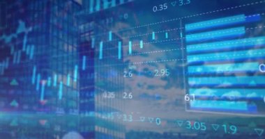 Modern bina üzerinde veri işleme animasyonu. küresel iş, finans ve dijital arayüz kavramı dijital olarak oluşturulmuş video.