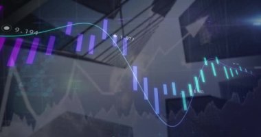 Modern binalar üzerinde veri işleme animasyonu. küresel iş, finans ve dijital arayüz kavramı dijital olarak oluşturulmuş video.