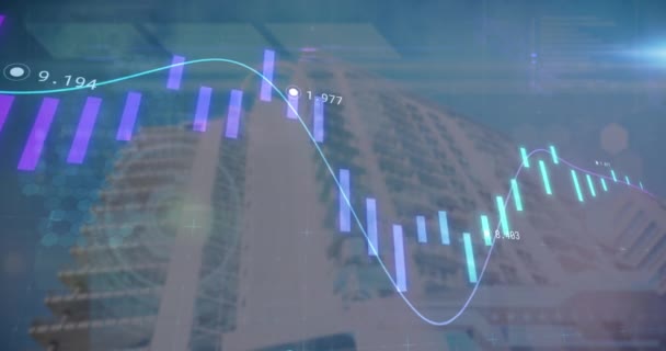 Animatie Van Gegevensverwerking Modern Gebouw Mondiaal Business Finance Digital Interface — Stockvideo