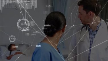 Çeşitli kadın hemşire ve erkek doktor konuşmaları üzerinden bağlantı ağının animasyonu. küresel tıp ve dijital arayüz kavramı dijital olarak üretilen video.