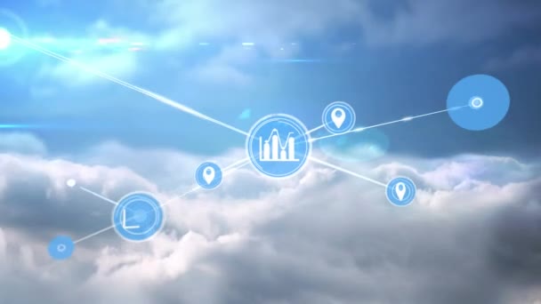 Animación Red Conexiones Con Iconos Sobre Cielo Nubes Redes Globales — Vídeo de stock