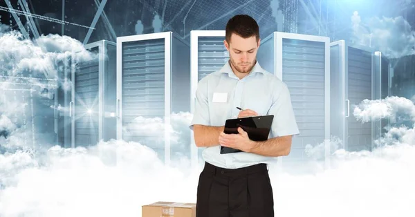 Caucasian Delivery Man Writing Clipboard Computer Servers Clouds Logistics Business — Foto de Stock