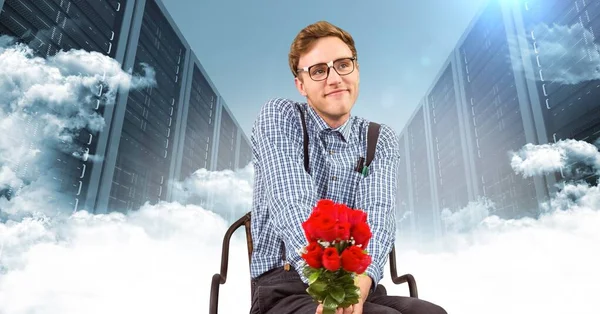 Caucasian Man Bunch Roses Sitting Chair Computer Servers Clouds Cloud — Stock fotografie