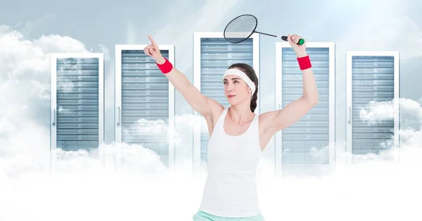Caucasian Female Badminton Player Racket Computer Servers Clouds Cloud Storage — Zdjęcie stockowe