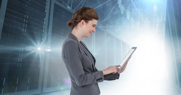 Caucasian Businesswoman Using Digital Tablet Spot Light Computer Servers Business — Stockfoto