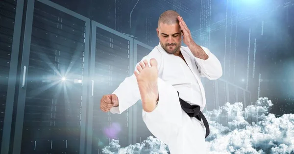 Caucasian Male Martial Artist Spot Light Computer Servers Clouds Sports — Stockfoto
