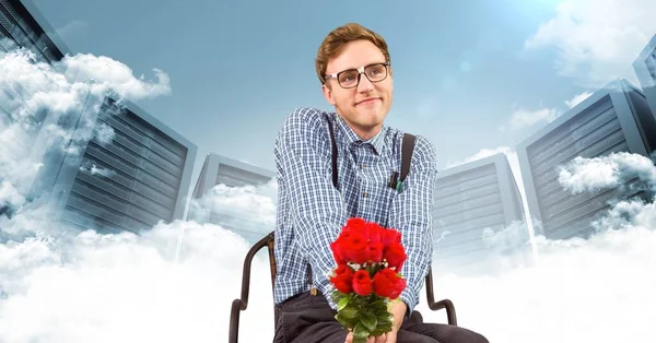 Caucasian Man Bunch Roses Sitting Chair Computer Servers Clouds Cloud — Stok fotoğraf