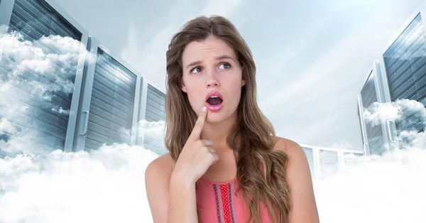 Caucasian Confused Woman Computer Servers Clouds Sky Business Cloud Storage — Stockfoto