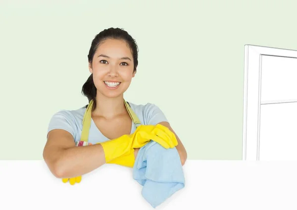 Portrait Asian Woman Wearing Cleaning Gloves Smiling Door Sketch Grey — Stock Photo, Image