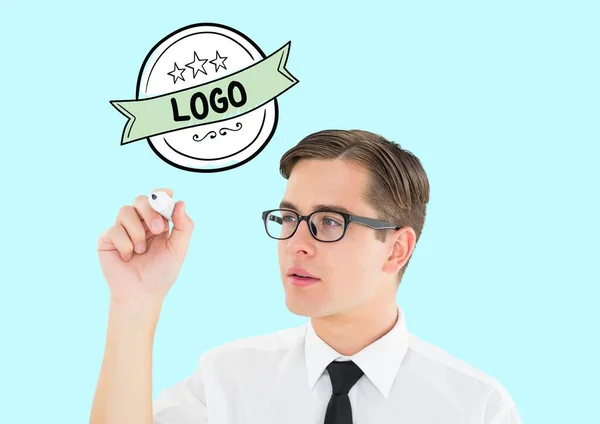 Logo Text Banner Caucasian Man Writing Invisible Screen Blue Background — Photo