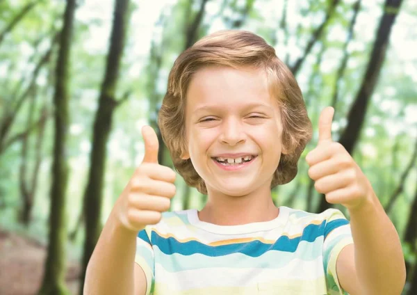Composite Image Portrait Caucasian Boy Thumbs Smiling Tall Trees Background — Stockfoto