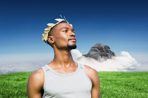 Composite Image African American Man Wearing Tiara Grassland Clouds Sky — Stockfoto