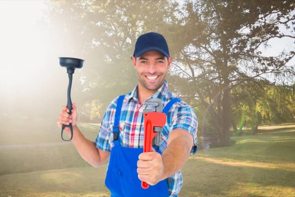 Composite Image Portrait Caucasian Male Worker Holding Tools Garden Background — Stock Photo, Image