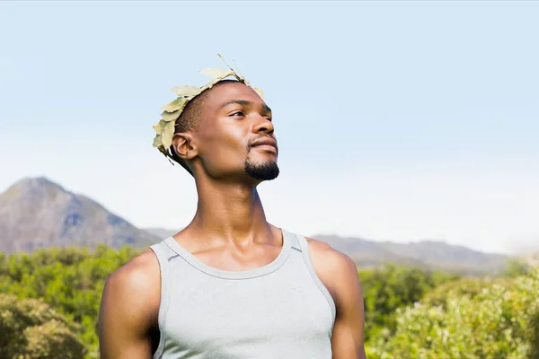 Композитное Изображение Африканского Американца Носящего Тиару Фоне Пейзажа Горами Концепция — стоковое фото