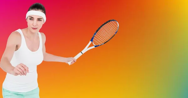 Caucasian Female Tennis Player Racquet Copy Space Colorful Gradient Background — Zdjęcie stockowe