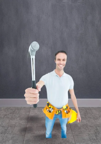 Portrait Caucasian Male Worker Holding Hammer Copy Space Grey Background — Stok Foto