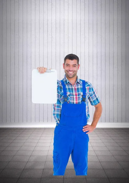 Portrait Caucasian Male Worker Holding Clipboard Copy Space Striped Grey — Stok fotoğraf