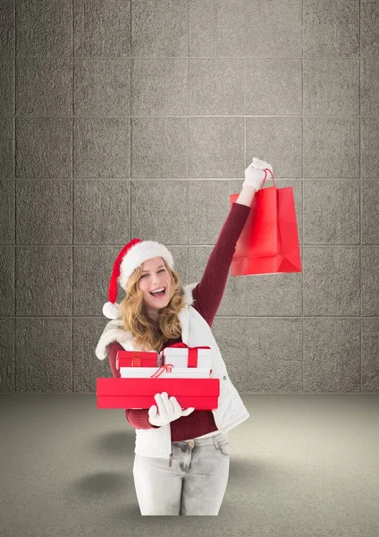 Portrait Caucasian Woman Holding Christmas Gifts Copy Space Brick Wall — Photo